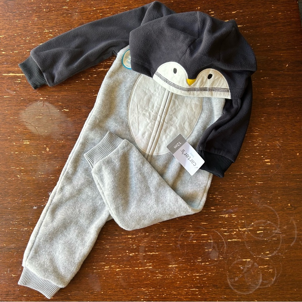 Carter's Penguin Hooded Fleece Jumpsuit in Gray and Black